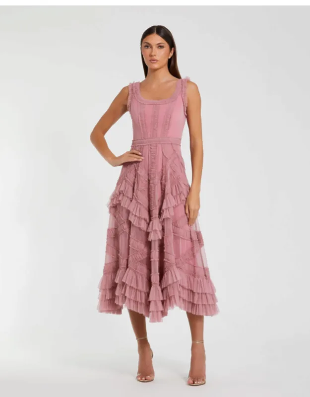 Scoop Neck Sleeveless Micro Ruffle Midi Dress