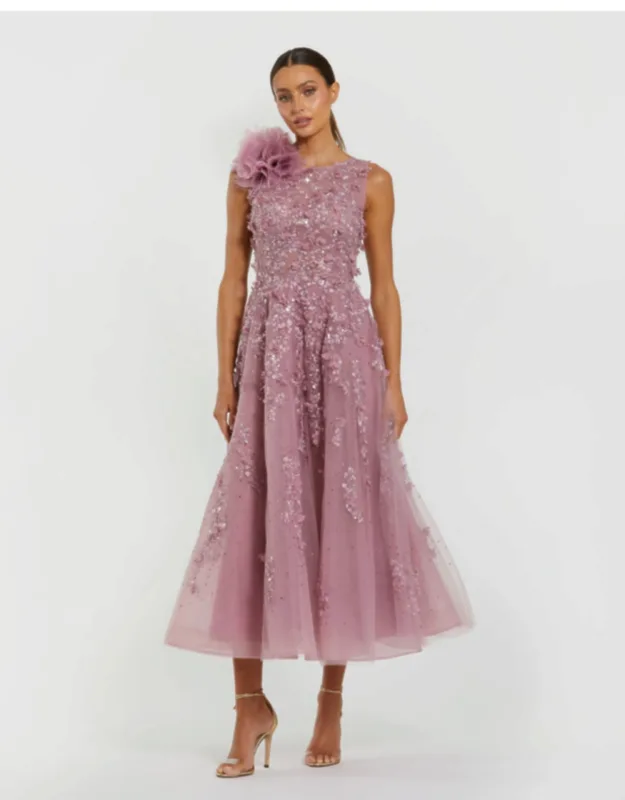 High Neck Embellished Midi Dress With 3d Flower