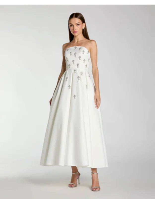 Crystal Embellished Strapless Satin A-line Dress