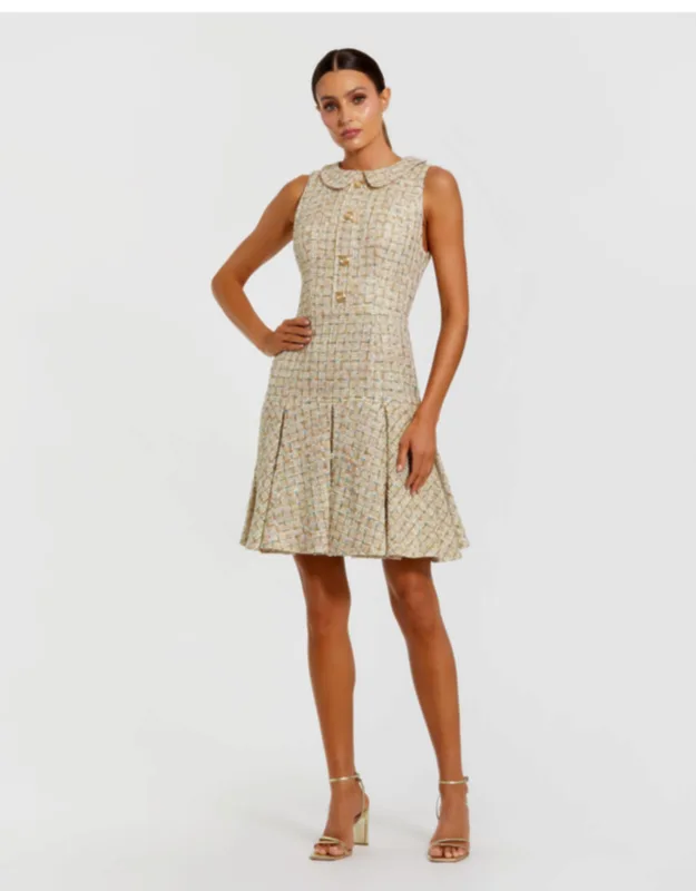 Sleeveless Boucle Mini Dress With Pleats