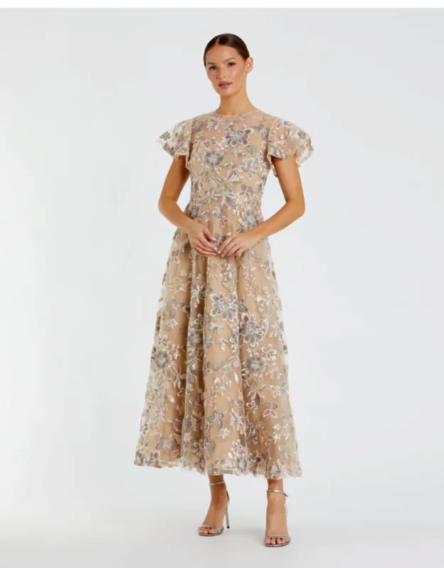 Flutter Sleeve Butterfly Embroidered Maxi Dress