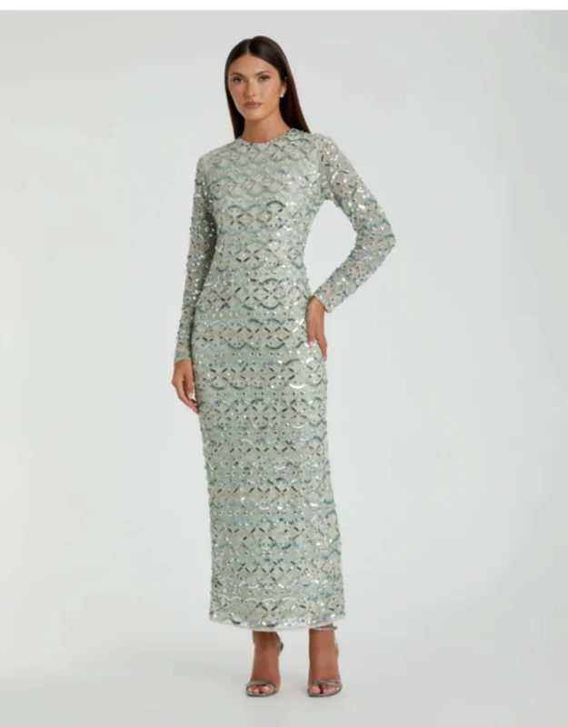 High Neck Long Sleeve Embellished Dress
