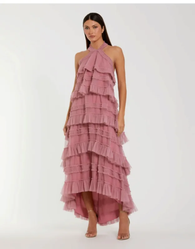 Tiered Ruffle Halter Neck Midi Dress