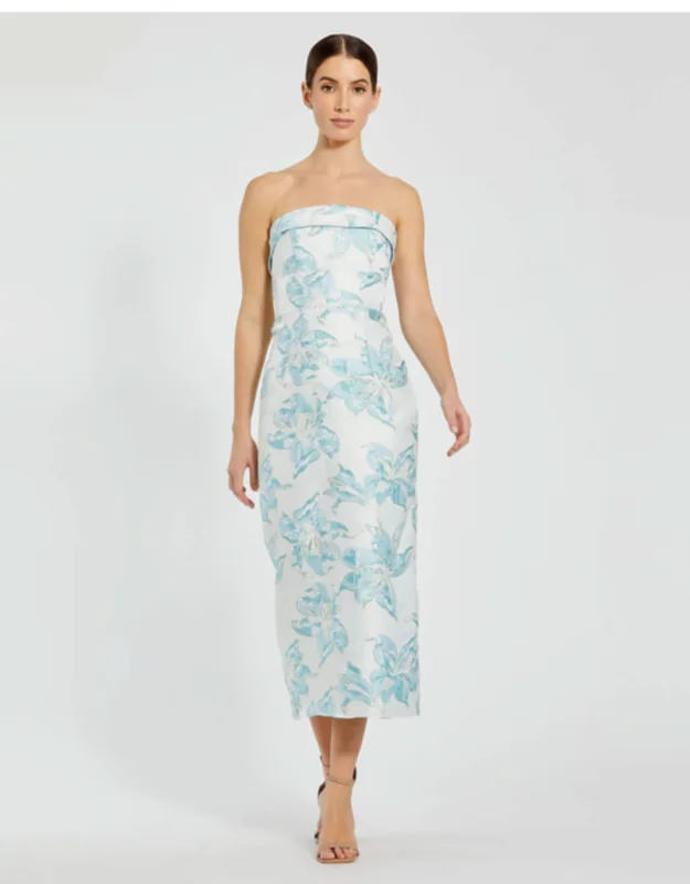 Strapless Brocade Sheath Midi Dress