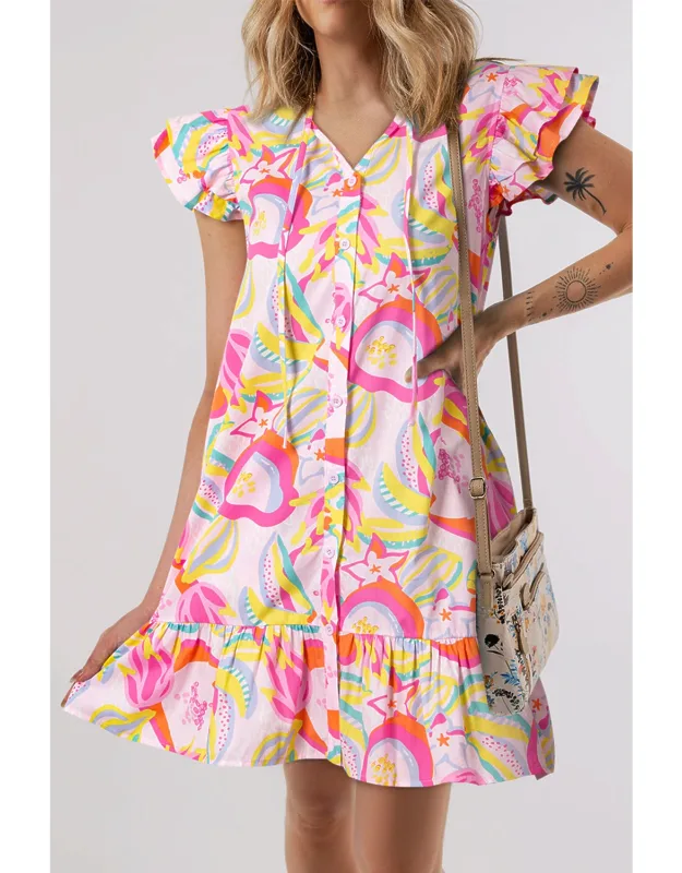Abstract Floral Ruffle Trim Flutter Sleeve Buttoned Dress