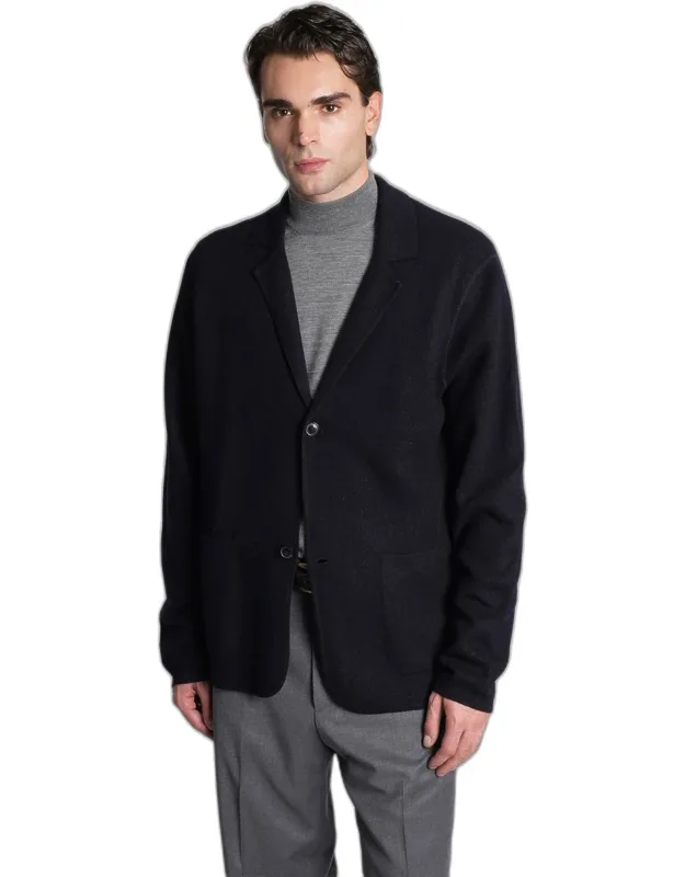 Cardigan In Blue Wool, V Neck, Long Sleeves