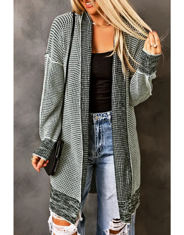 Plaid Knitted Long Open Front Cardigan