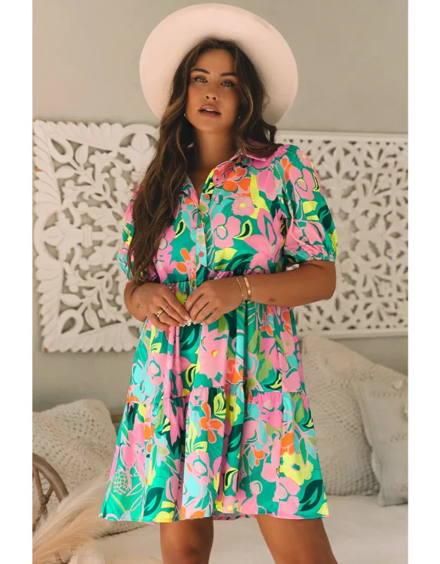 Floral Puff Sleeve Collar Buttoned Babydoll Dress