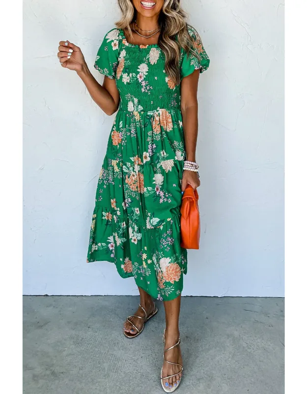 Floral Print Bubble Sleeve Smocked Tiered Midi Dress