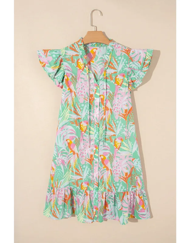 Abstract Floral Ruffle Trim Flutter Sleeve Buttoned Dress