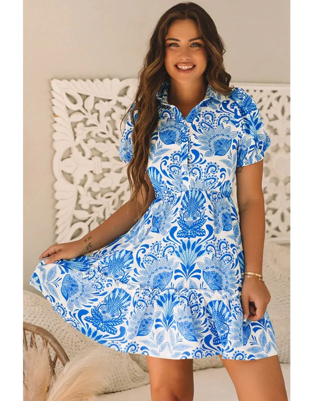Retro Floral Print Drawstring Waist Ruffled Mini Dress