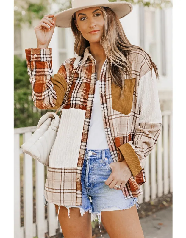 Plaid Color Block Patchwork Shirt Jacket With Pocket