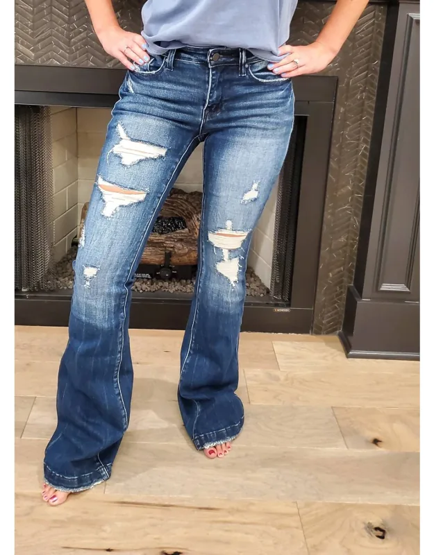 Destroyed Mid Rise Stretch Flare Jeans