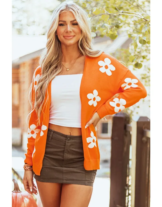 Floral Print Knitted Open Front Loose Cardigan