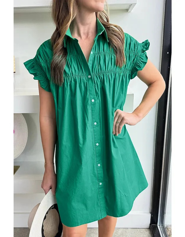 Shirred Ruffle Sleeve Button Up Short Dress