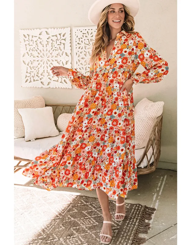 Boho Floral Collared Long Sleeve Ruffled Dress
