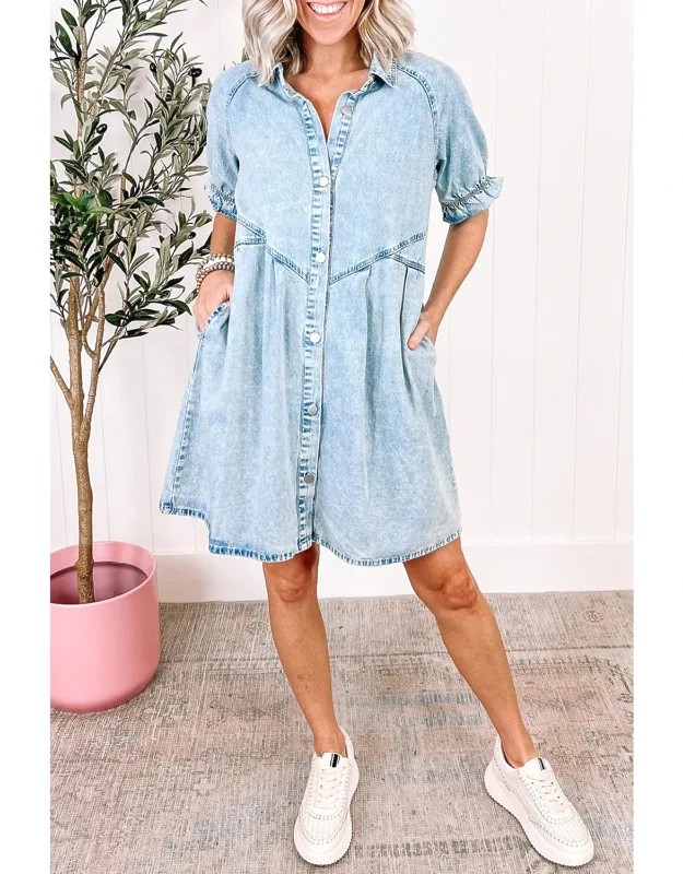 Mineral Wash Ruffled Short Sleeve Buttoned Denim Dress