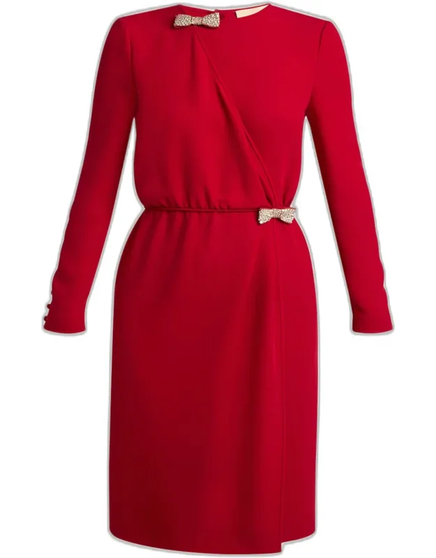 Crystal Bow Long-sleeve Wrap Dress