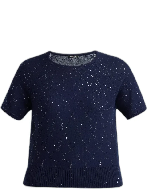 Cashmere Paillette Short-sleeve Crewneck Sweater