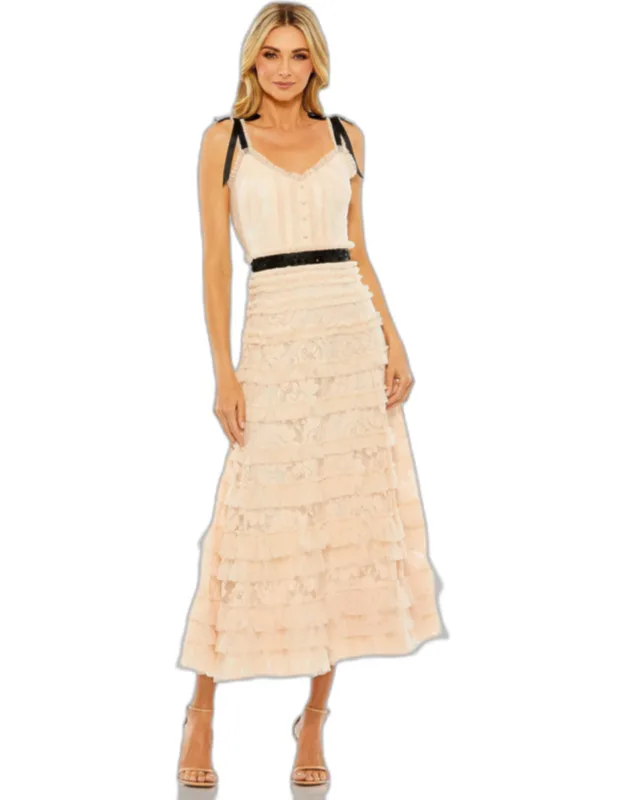 Lace Tiered Midi Dress With Bow Straps