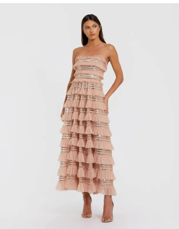 Strapless Sequin Micro Ruffle Maxi Dress