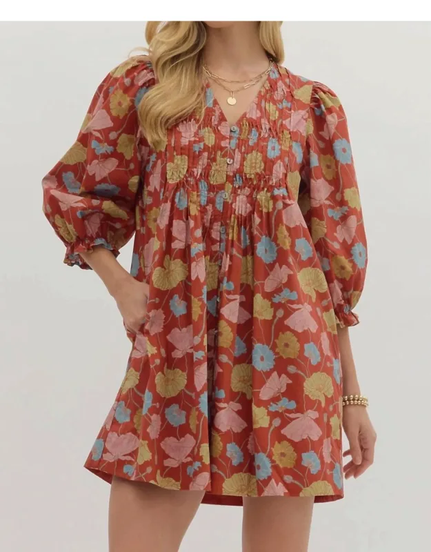 Botanical Print Puff Sleeve Mini Dress