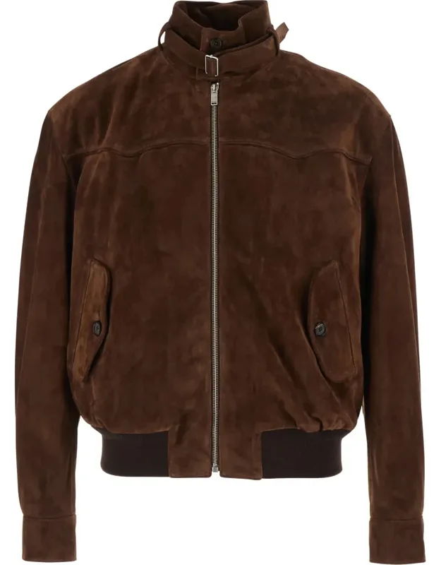 Jacket With Belted Collar And Chain With T-back Detail In Suede