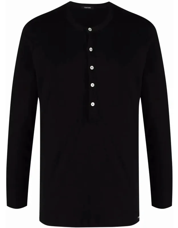 Henley-neck Long-sleeved Jersey T-shirt