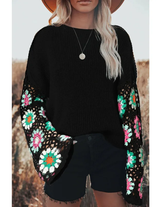 Floral Crochet Bell Sleeve Loose Sweater