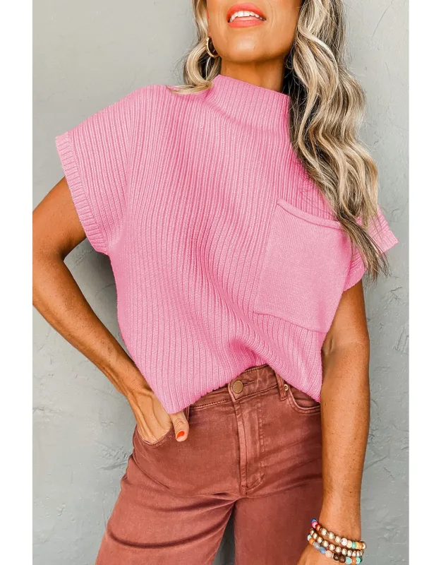 Patch Pocket Ribbed Knit Short Sleeve Sweater