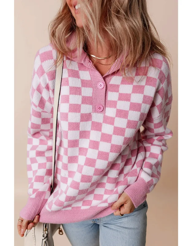 Checkered Button Collar V Neck Drop Shoulder Sweater