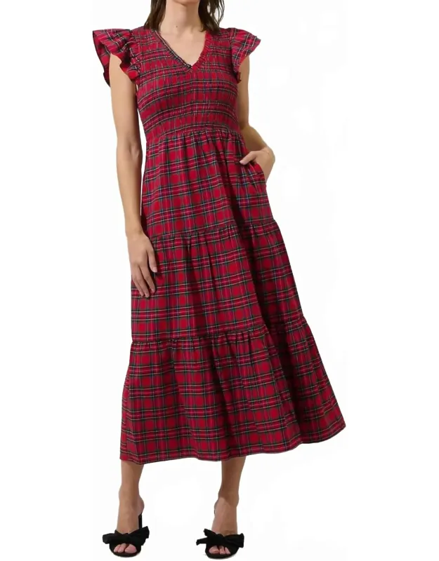 Yuletide Plaid Smocked Tiered Midi Dress