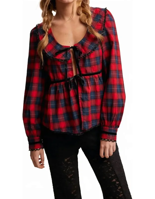 Plaid Velvet Trim Holiday Blouse