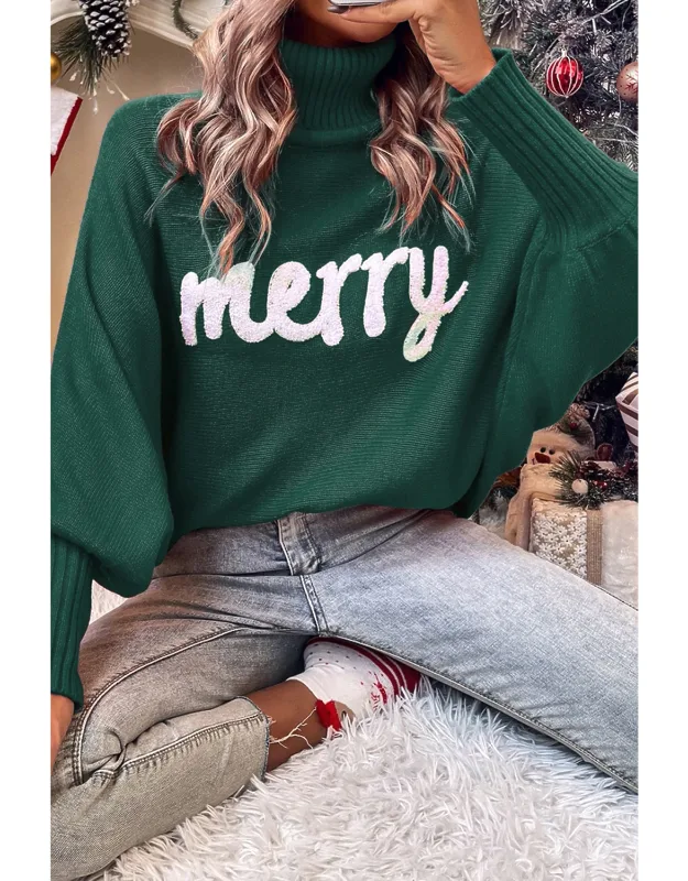 Merry Letter Embroidered High Neck Sweater