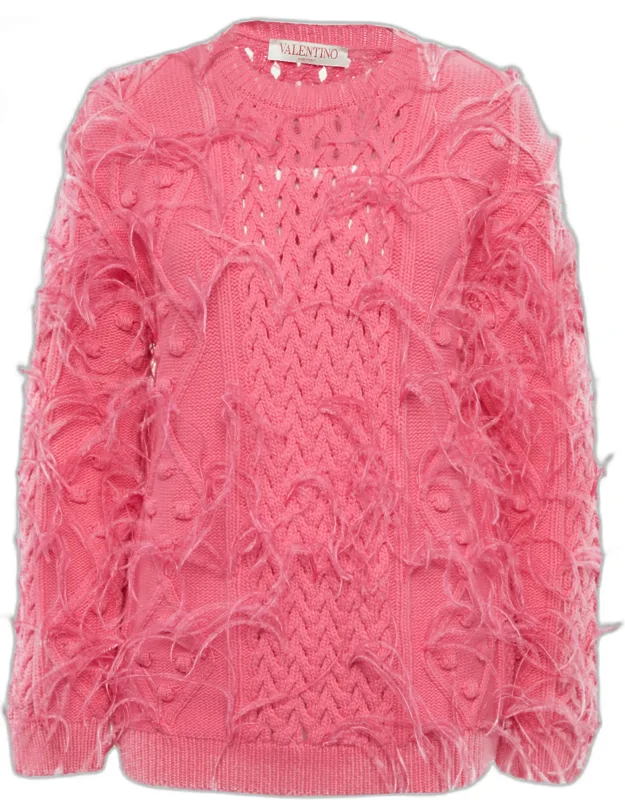Open Knit Wool Feather Trim Sweater