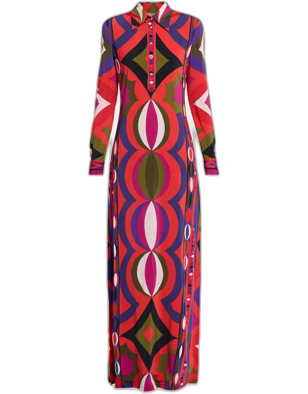 Collane-print Jersey Long-sleeve Maxi Shirtdress