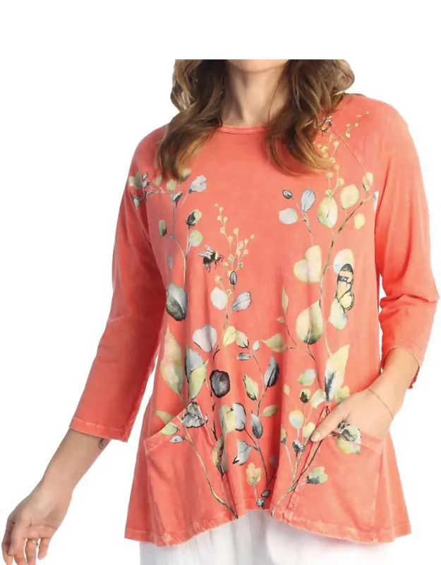 Kelly Mineral Washed Patch Pocket Top - Plus In With Three-quarter Sleeves And High-low Hemline