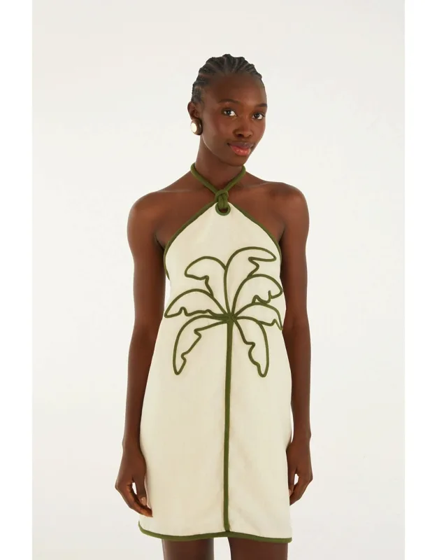 Coconut Embroidery Halter Neck Linen Mini Dress