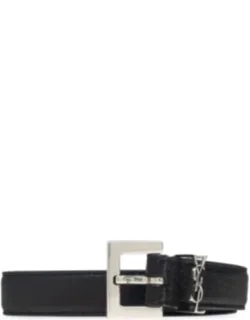 Squared Buckle Striped Leather Thin Belt