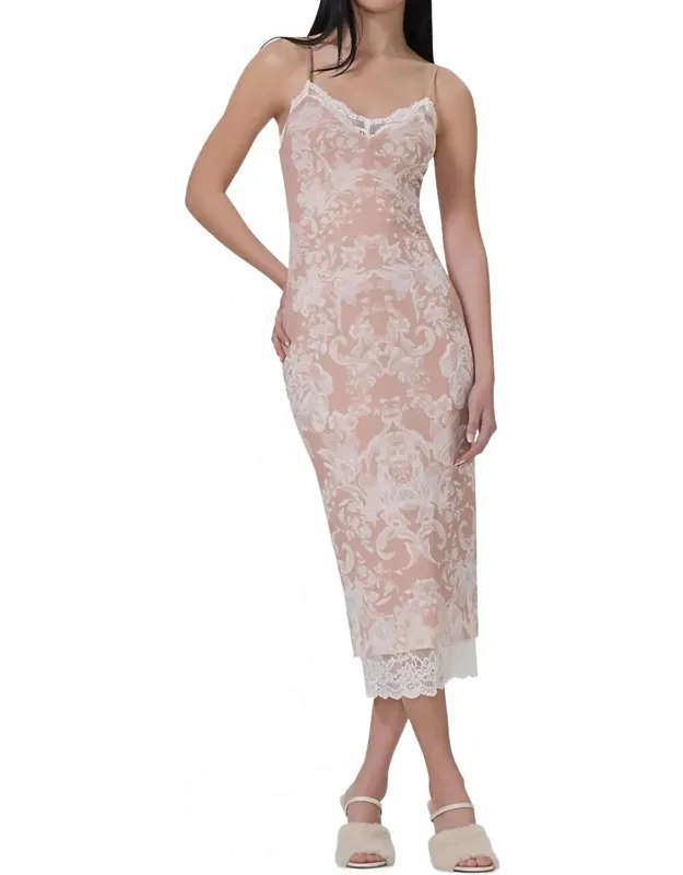 Nude Mesh Baroque Wallpaper Print Slip Dress