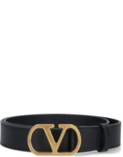 "vlogo Signature Belt In Hammered Leather With Gold Metal Logo Buckle"