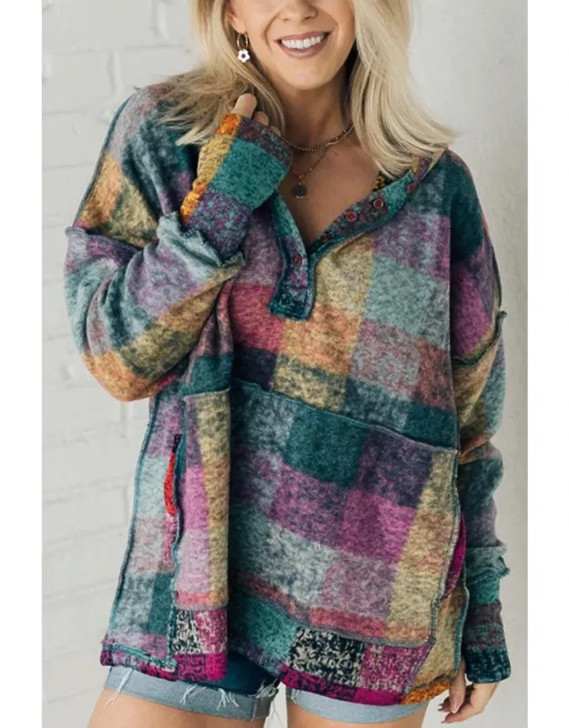 Brushed Plaid Buttoned Pullover