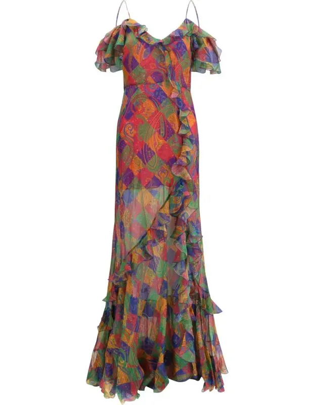 Silk Long Dress With Asymmetrical Silhouette And Paisley Pattern