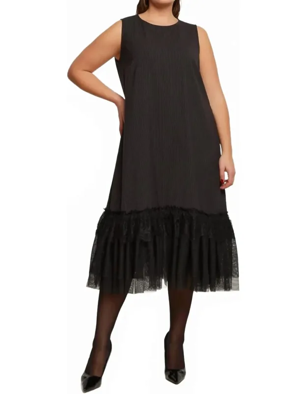 Pinstripe Shift Dress With Lace Hem