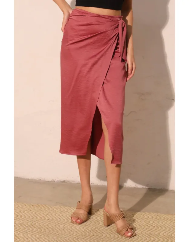 Washed Satin Crepe Side Wrap Midi Skirt