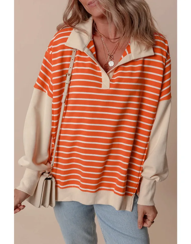 Stripe Color Block Loose Fit Collared Drop Shoulder Sweatshirt
