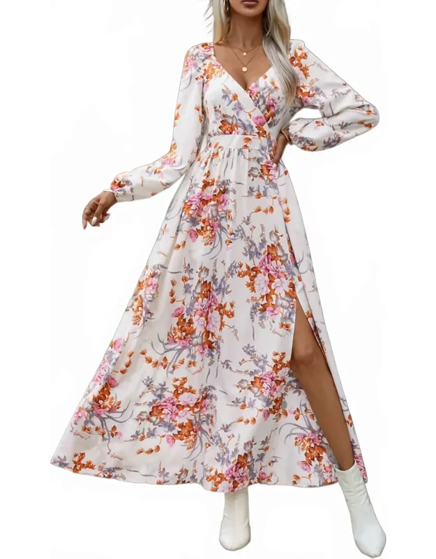 Vintage V-neck Print Long Sleeve Maxi Dress