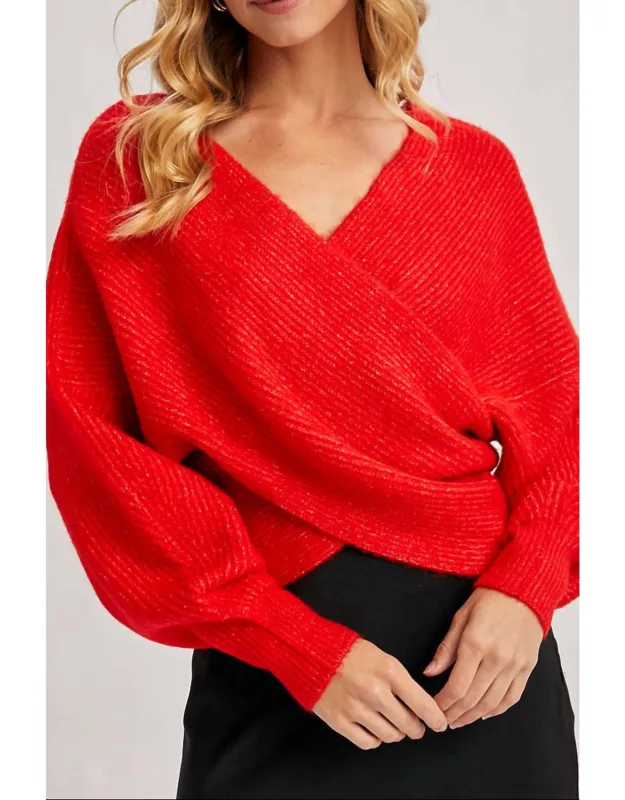 Wrap Crossover Ribbed Fuzzy Knit Sweater