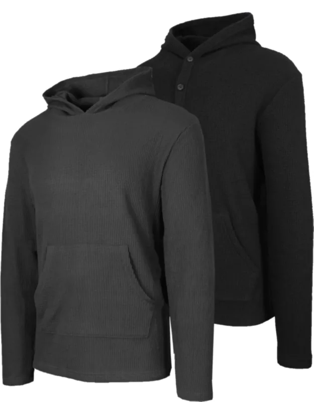 Waffle Knit Thermal Pullover & Henley Hoodie - 2 Pack