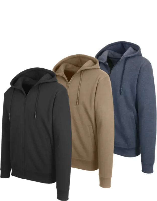Fleece Line Full Zip-up Hoodie Sweatshirt - 3 Pack